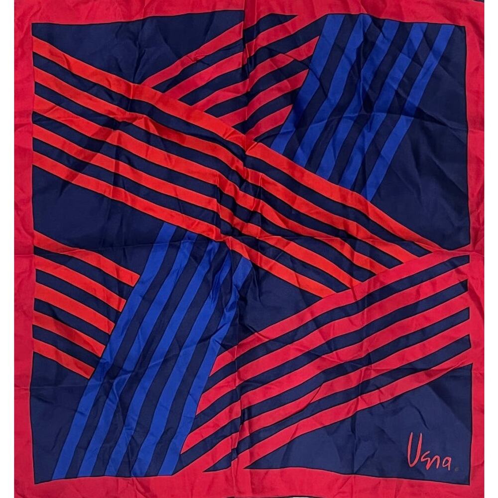 Vintage VERA Neumann Scarf ~  Signed ~ Red & Blue  ~ 23" x 23"